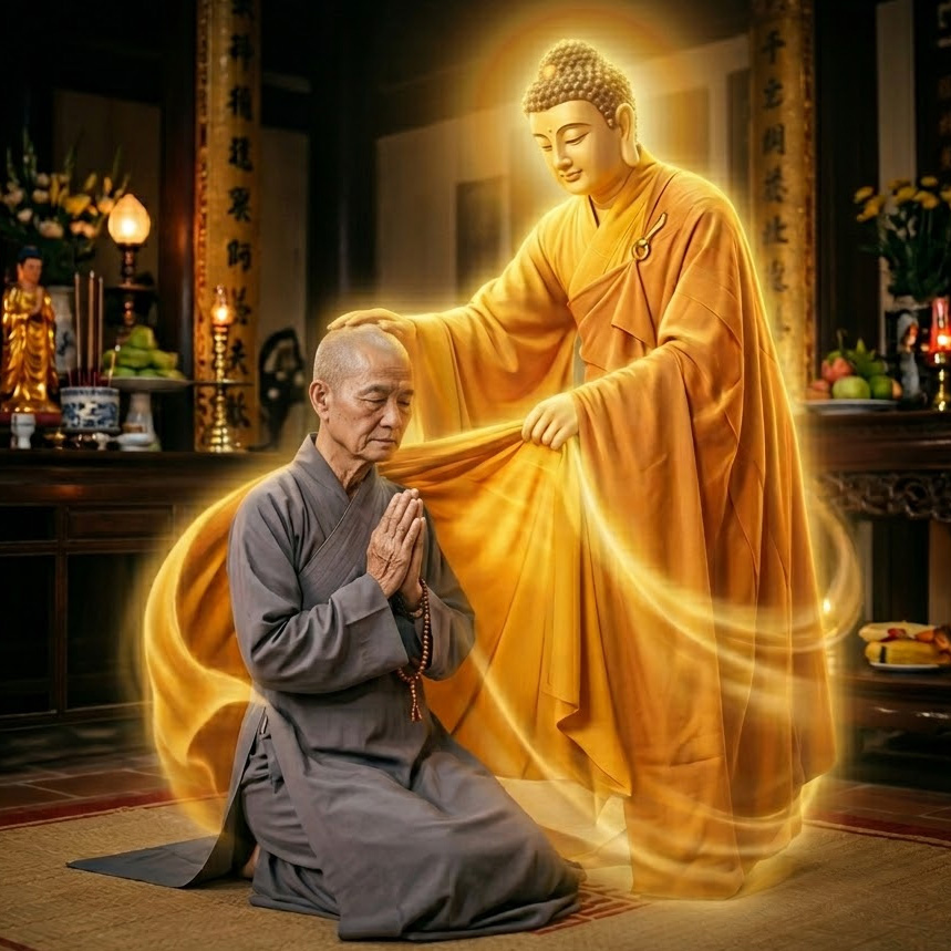 Tinh Tấn Niệm Phật Được Phật Hiện Thân Xoa Đầu Và Dùng Y Vàng Trùm Thân