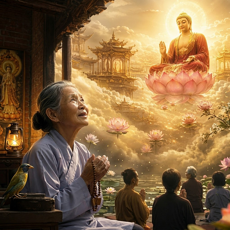 "Nếu có chúng sanh nào nghe danh hiệu đức Phật kia, vui mừng khấp khởi, cho đến một niệm, nên biết kẻ ấy được lợi lớn, đã đầy đủ phước đức vô thượng."