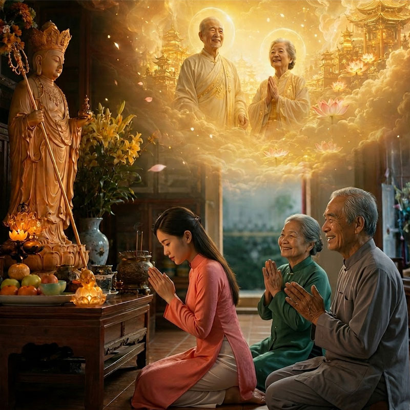 Nhờ Con Chí Thành Tạo Tượng Và Lễ Lạy Địa Tạng Bồ Tát Nên Chuyển Hóa Cha Mẹ Tin Phật Khi Chết Sanh Về Trời Đâu Xuất
