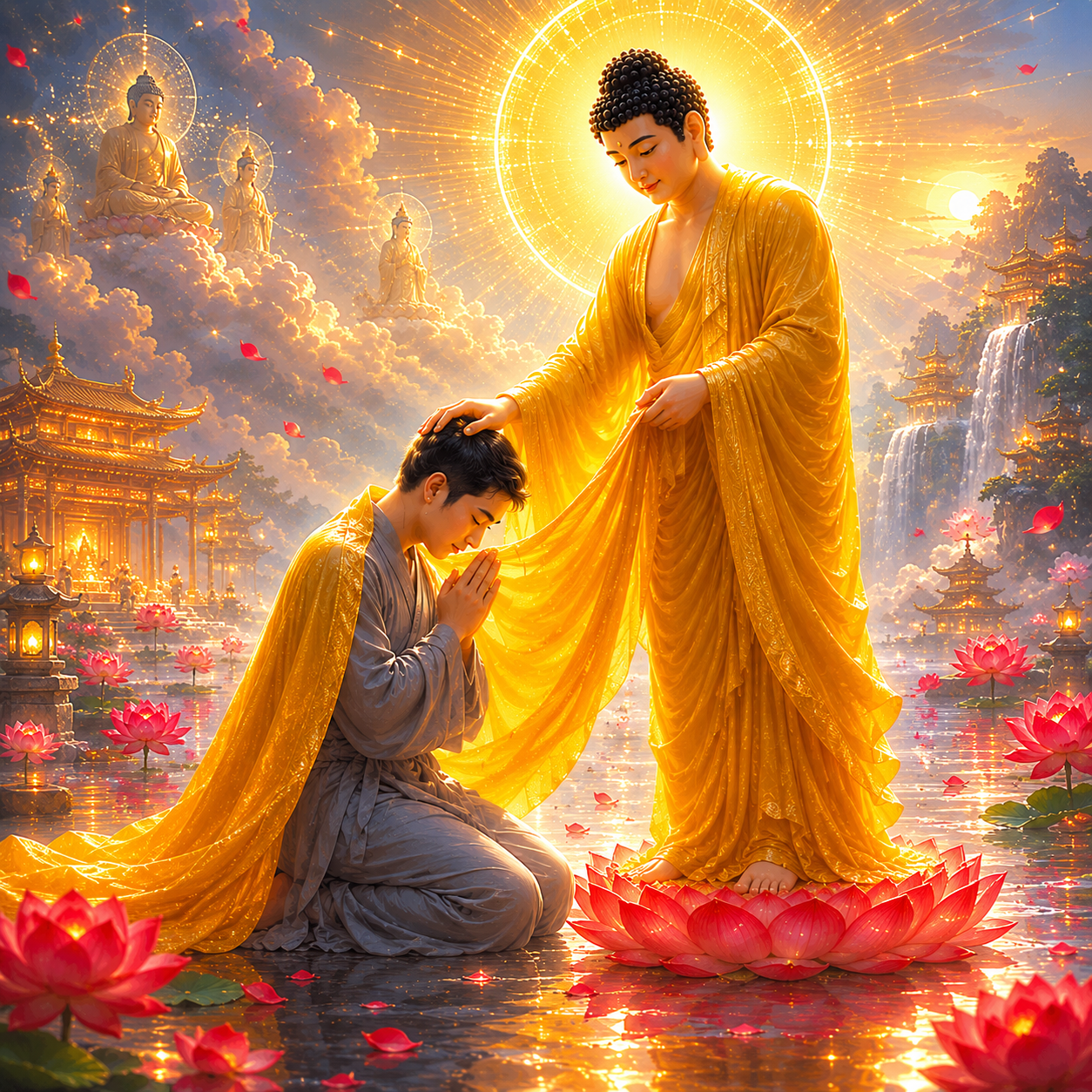 Tinh Tấn Niệm Phật Được Phật Hiện Thân Xoa Đầu Và Dùng Y Vàng Trùm Thân